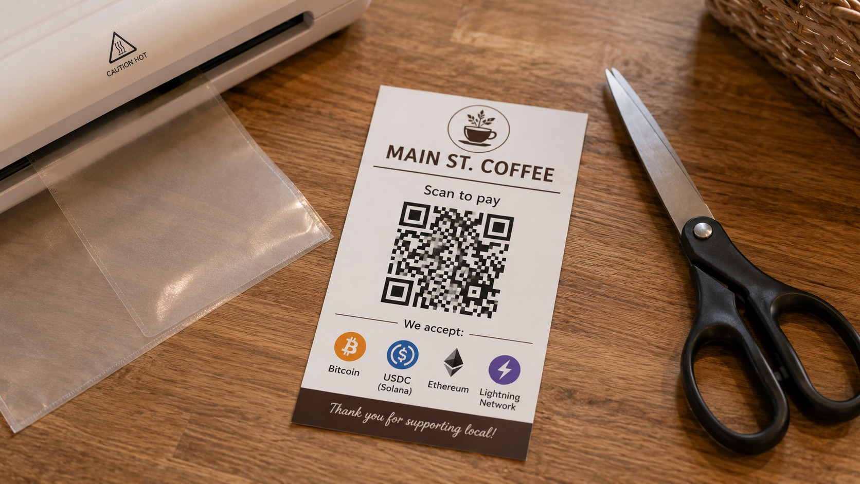 A freshly printed merchant payment card on a wooden surface, showing a business name, QR code, and accepted coin icons, beside scissors and a laminating pouch.