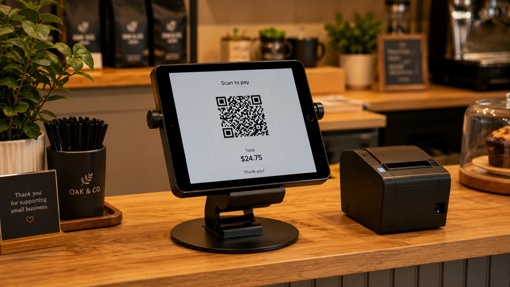 A dedicated tablet checkout setup with a two-sided stand on a coffee shop counter, QR code visible on the customer-facing screen.