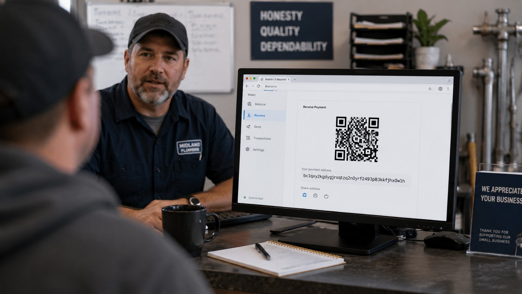 A laptop open on a repair shop counter showing a desktop wallet with a QR code on screen.