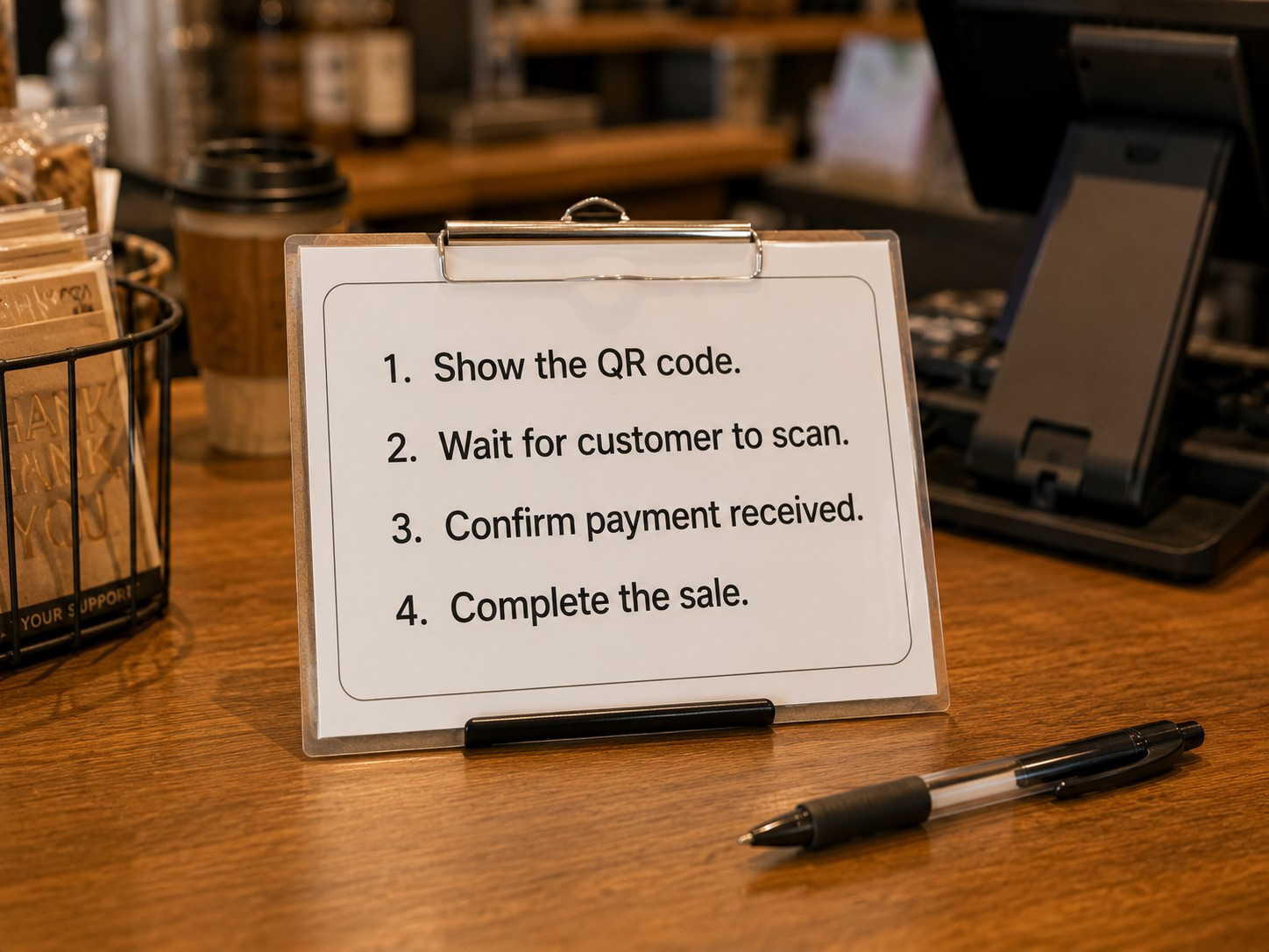 A laminated procedure card on a retail counter clipboard listing four numbered steps for accepting a crypto payment.