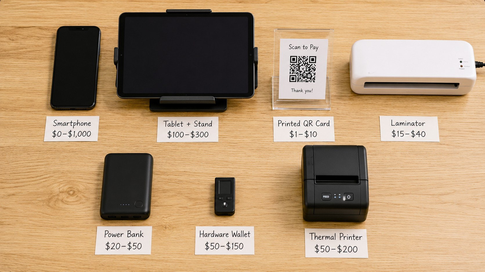A flat-lay overhead photo of merchant payment equipment arranged in a grid, each item labeled with its typical cost range.