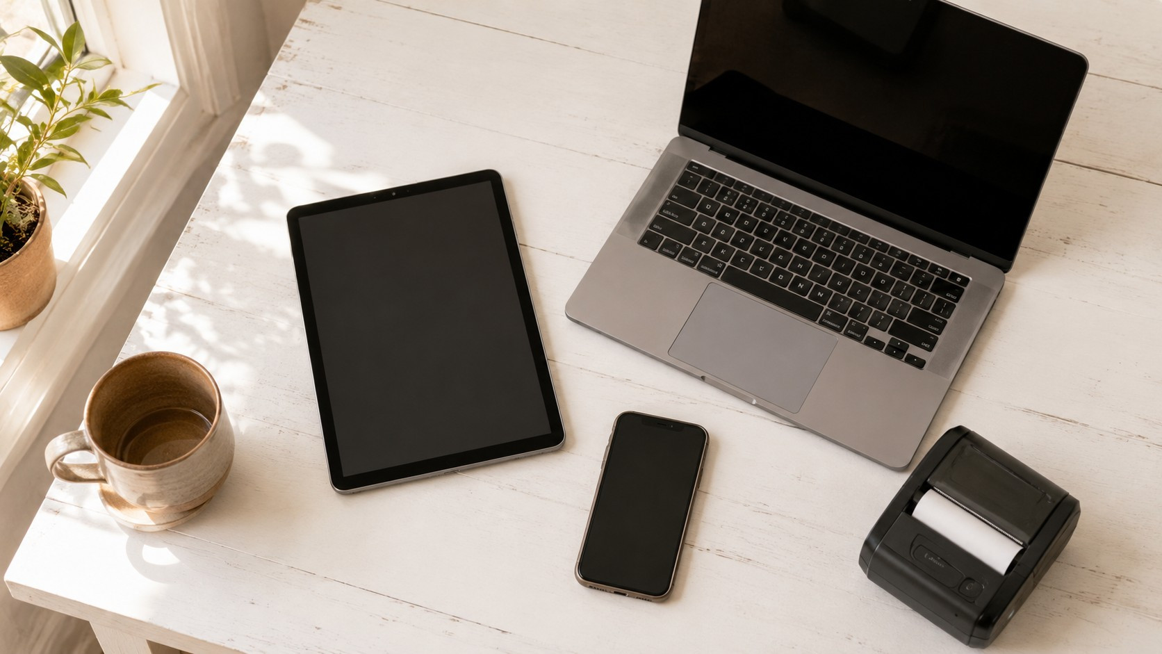 A flat-lay of a smartphone, tablet, laptop, and receipt printer on a wooden surface, equipment most small businesses already own.