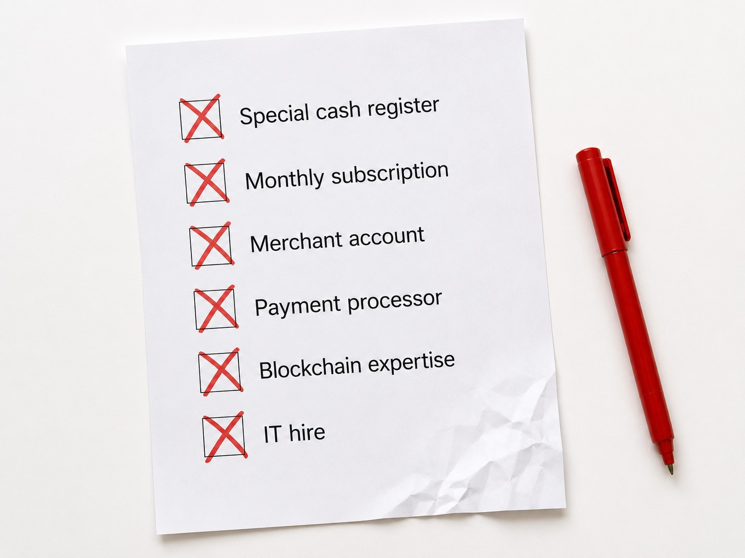A printed checklist with common merchant myths crossed off in red: special cash register, monthly subscription, merchant account, and others.