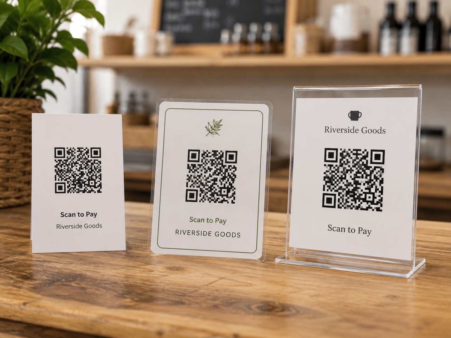 Three printed QR code payment cards side by side: a basic card, a laminated card, and one in an acrylic table-tent stand.