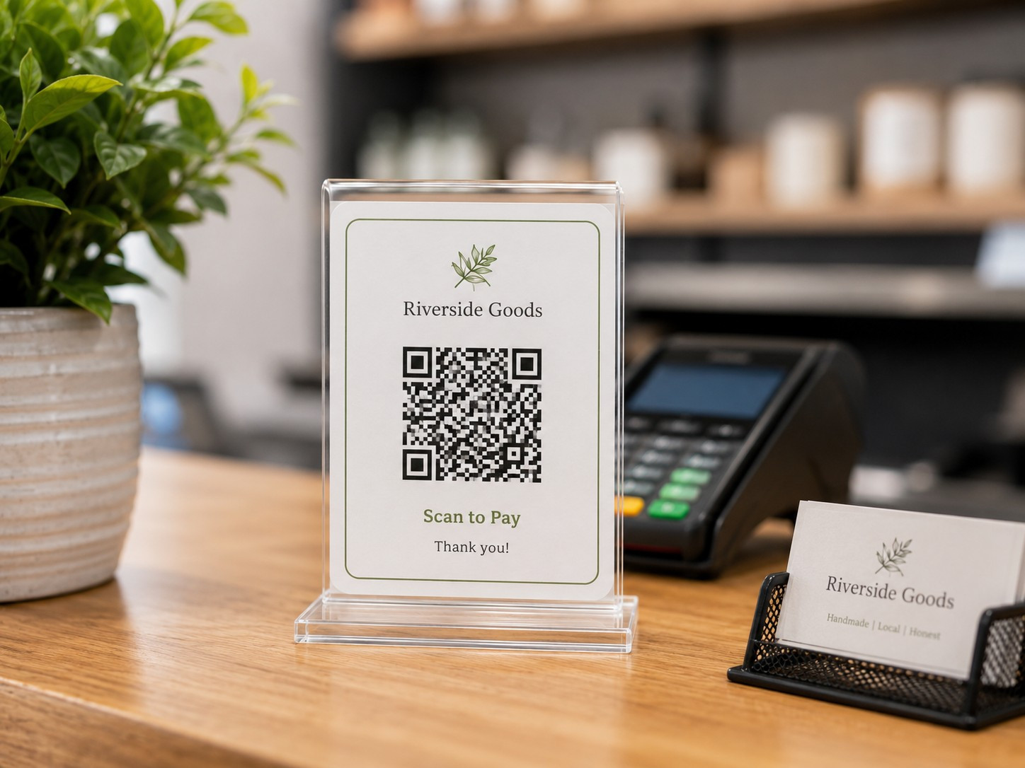 A close-up of an acrylic QR code stand holding a printed payment card on a retail counter.