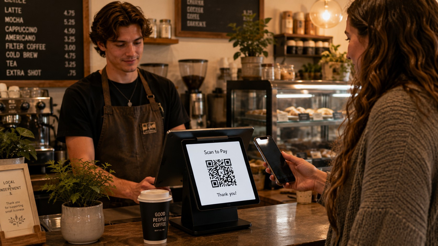 A barista at an independent coffee shop confirms a payment on the merchant side of a two-sided tablet stand while a coffee cup waits on the counter.