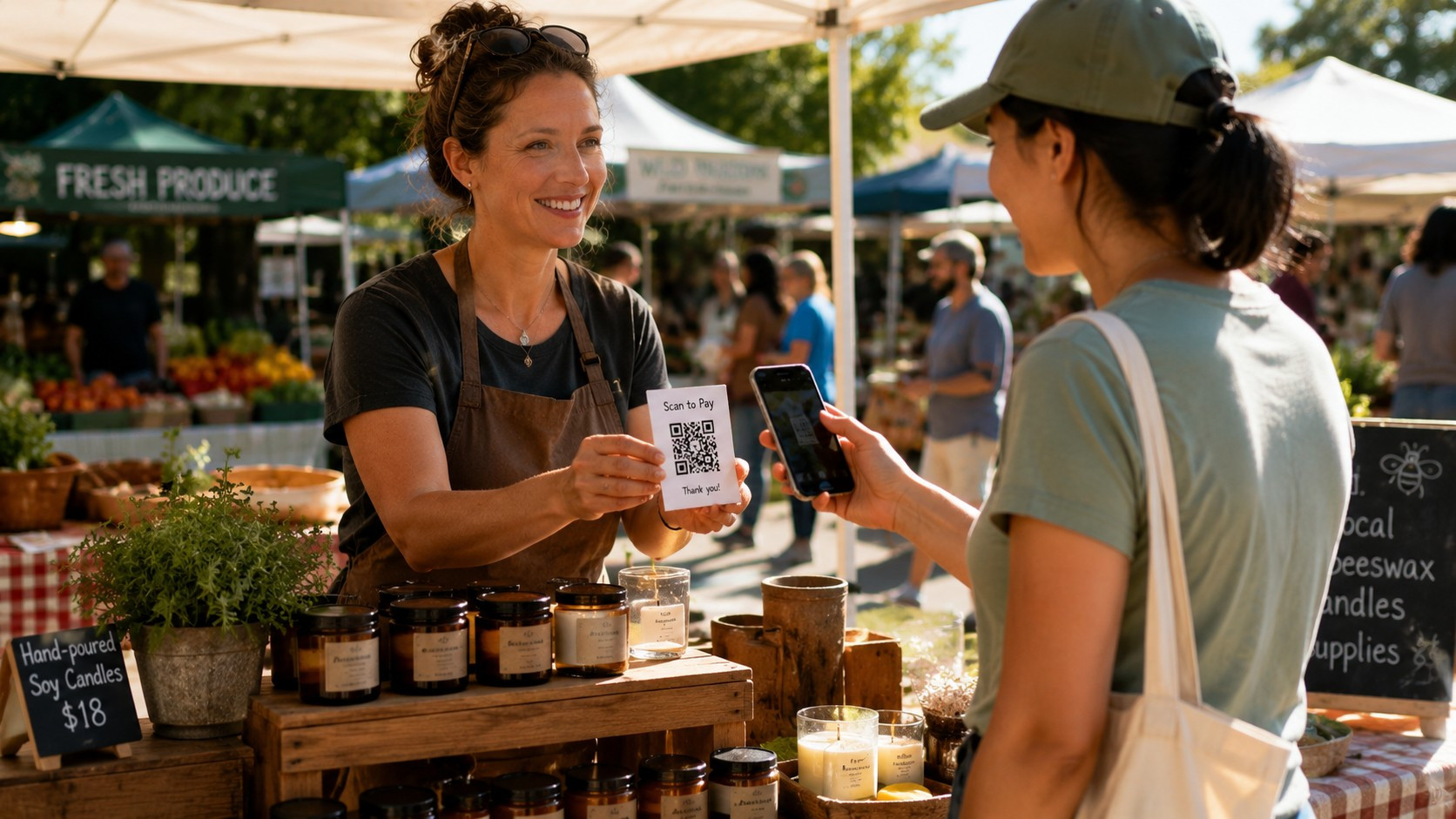 A farmers market vendor holds a laminated QR payment card toward a customer scanning it with their phone at an outdoor market booth.