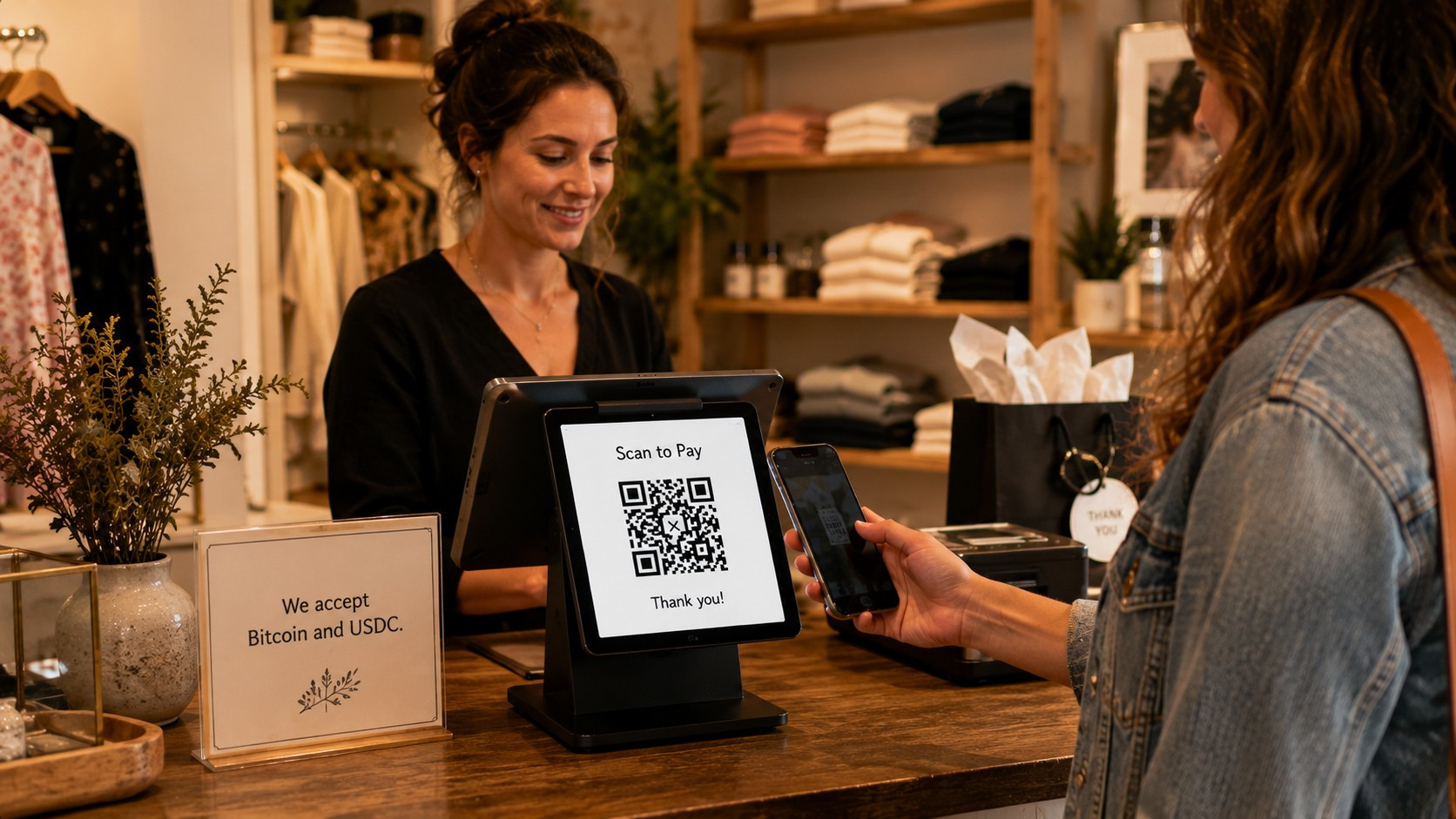 A retail boutique counter with a dedicated tablet on a stand showing a QR payment code and a small sign listing accepted cryptocurrencies.
