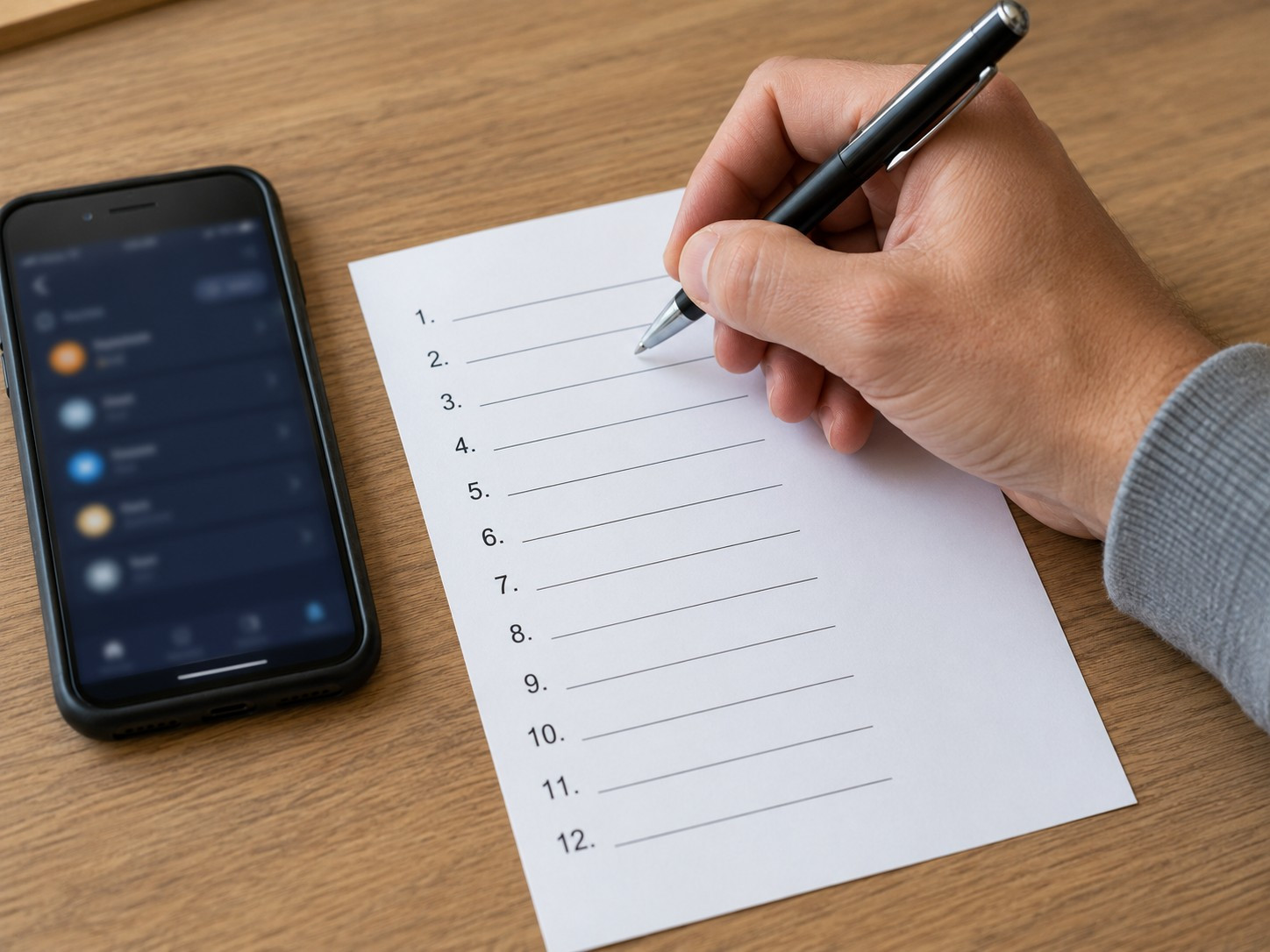 A hand writing a numbered seed phrase backup list on paper beside a phone showing a wallet app, on a plain wooden desk.