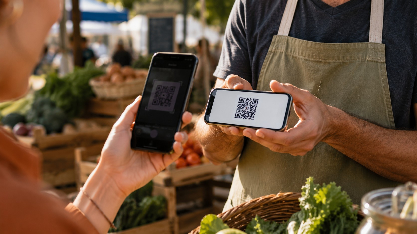 A market vendor holds a phone showing a QR code while a customer scans it at an outdoor farmers market booth.