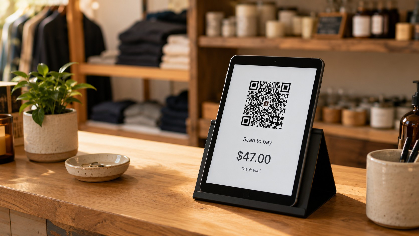 A tablet on a two-sided countertop stand displaying a payment QR code, positioned to face a customer at a retail counter.