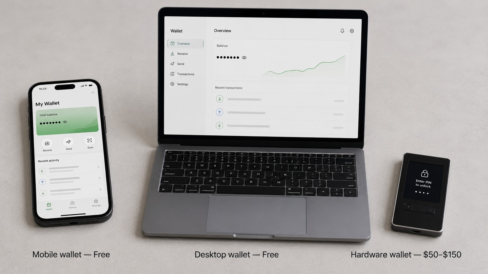 Three devices side by side: a smartphone showing a mobile wallet, a laptop with a desktop wallet, and a hardware wallet device, labeled with typical costs.