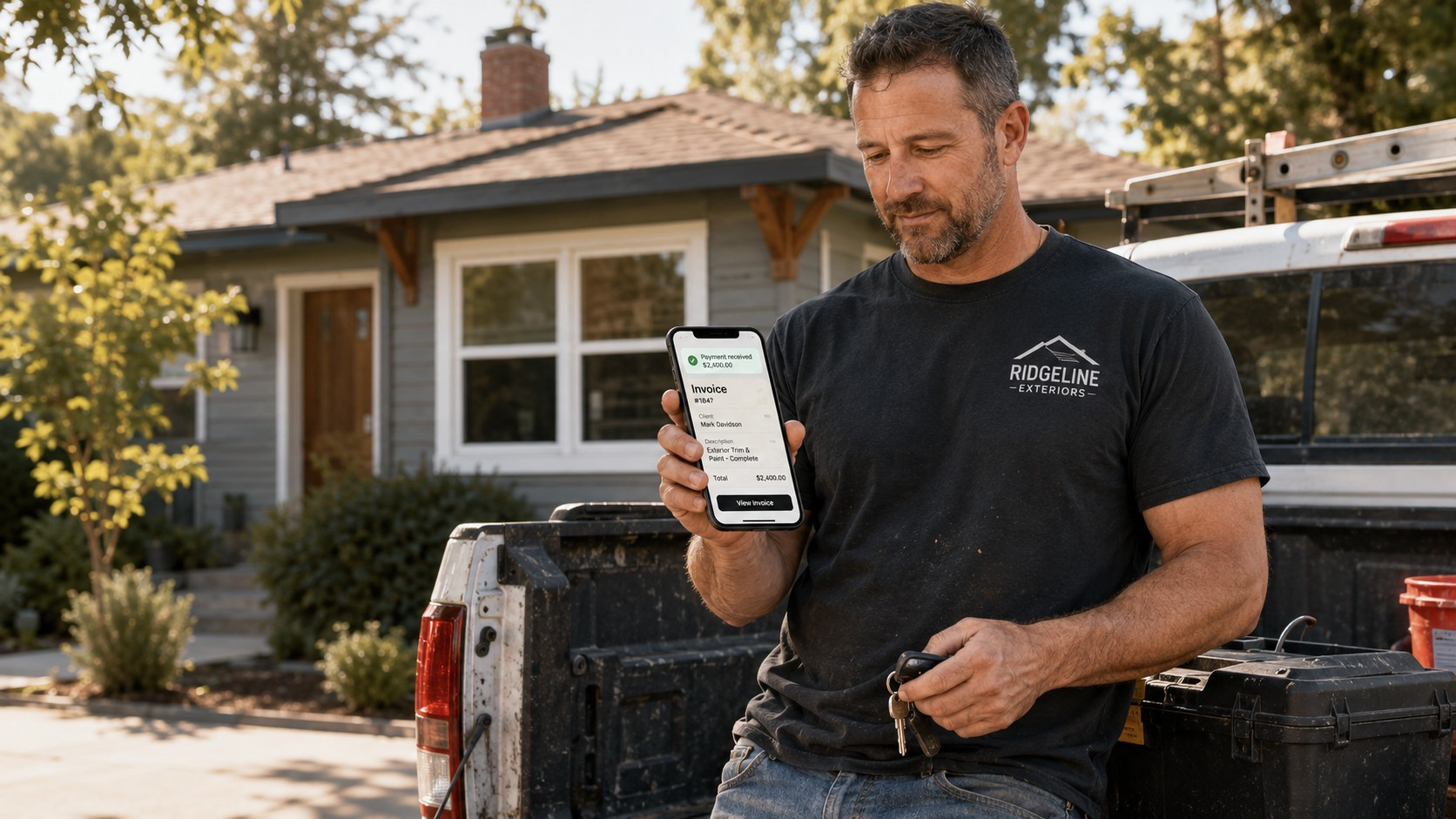 Contractor standing near his work truck in a residential driveway checking a payment confirmation on his phone after completing a job