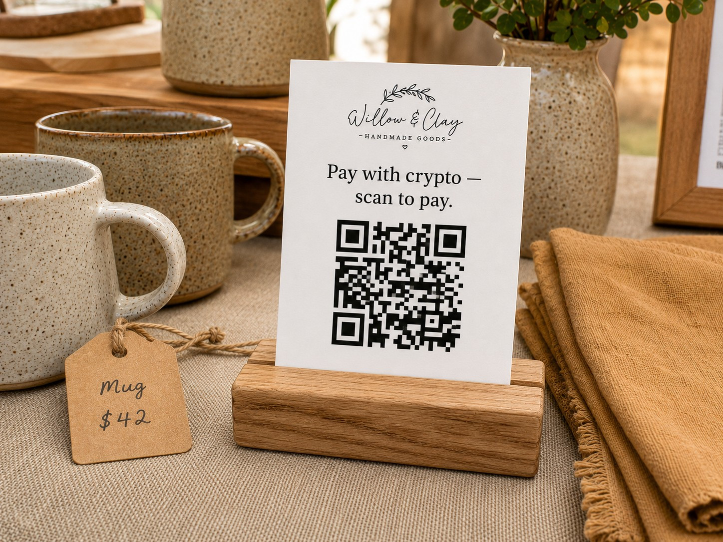 Close-up of a printed QR payment card in a wooden stand on a craft booth table, surrounded by handmade ceramic goods