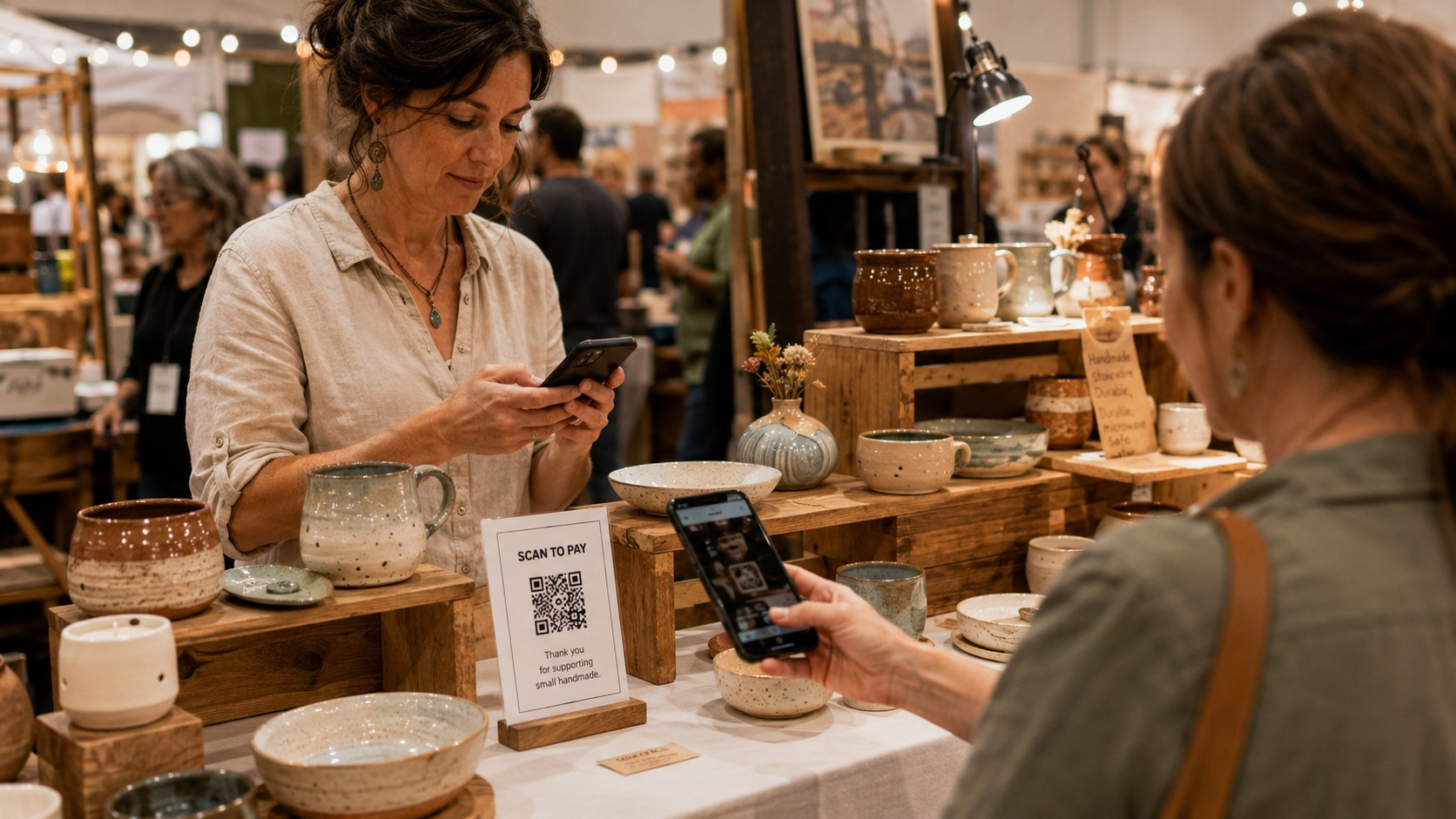 Craft show vendor accepting a mobile payment as a customer scans a QR code at a handmade goods booth