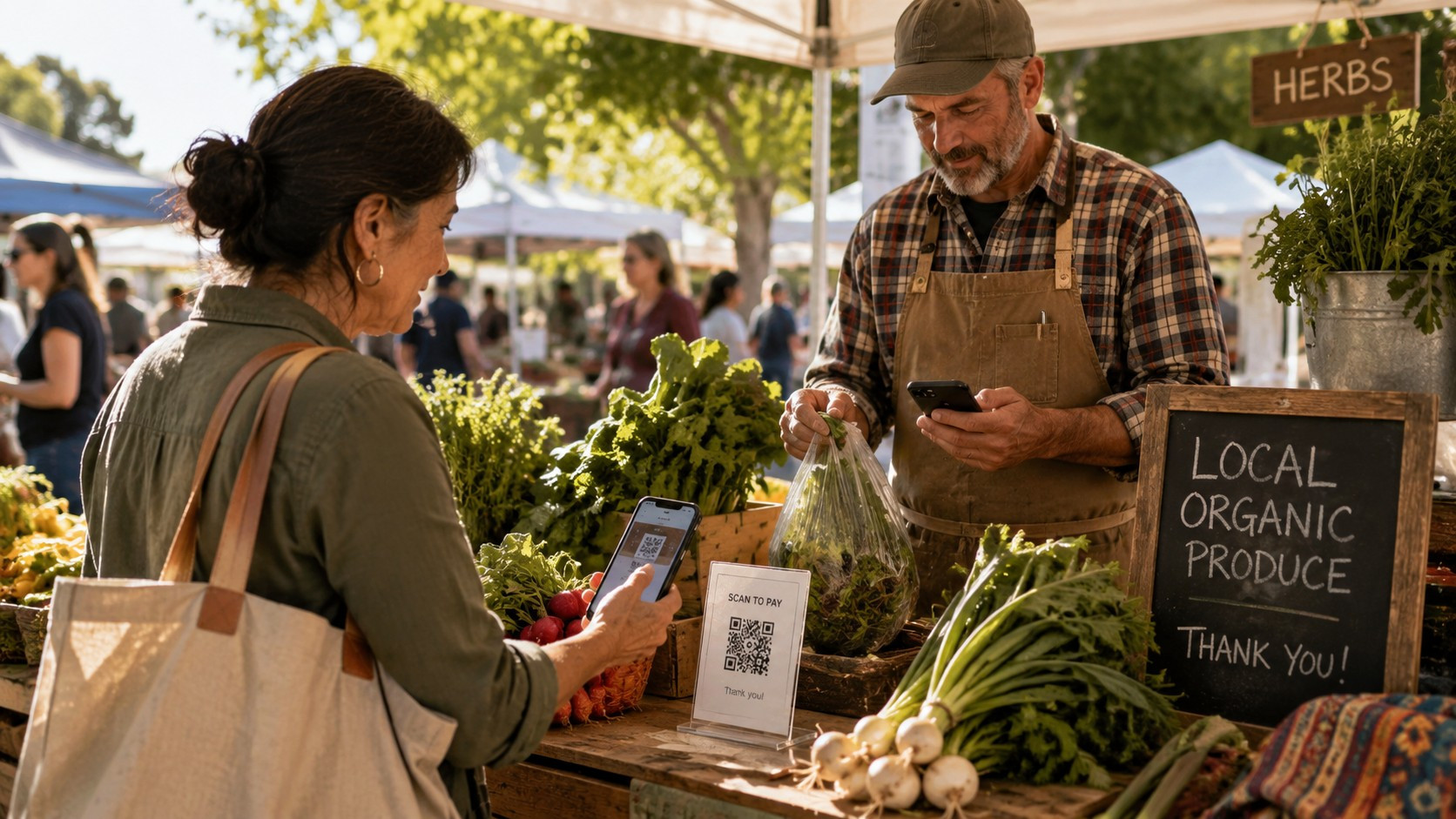 Farmers market vendor completing a routine mobile payment transaction with a returning customer at a produce stall