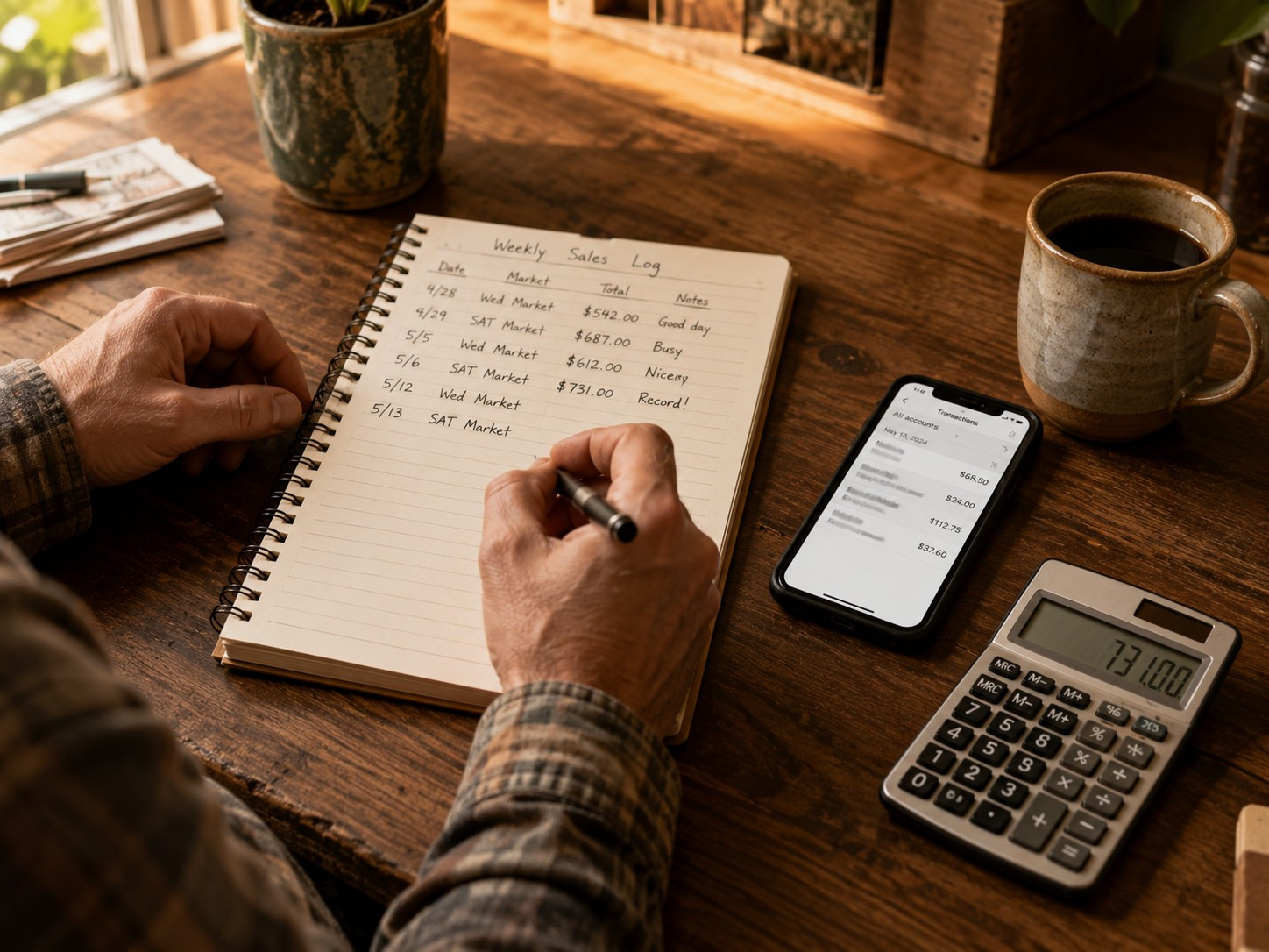 Hands writing in a spiral notebook weekly sales log beside a phone showing wallet transaction history and a coffee mug