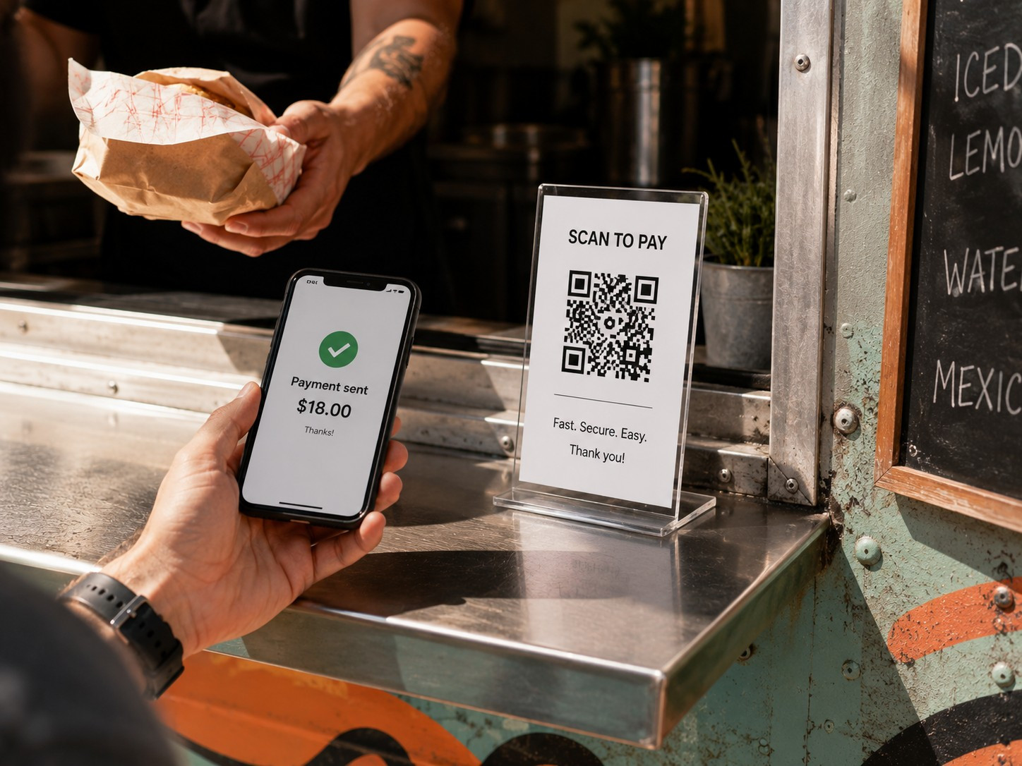 Close-up of a customer scanning a QR code at a food truck service window, payment confirmed on screen