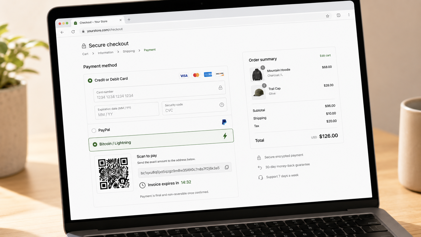 E-commerce checkout page mockup showing a Bitcoin and Lightning payment option alongside card and PayPal, with a QR code and countdown timer