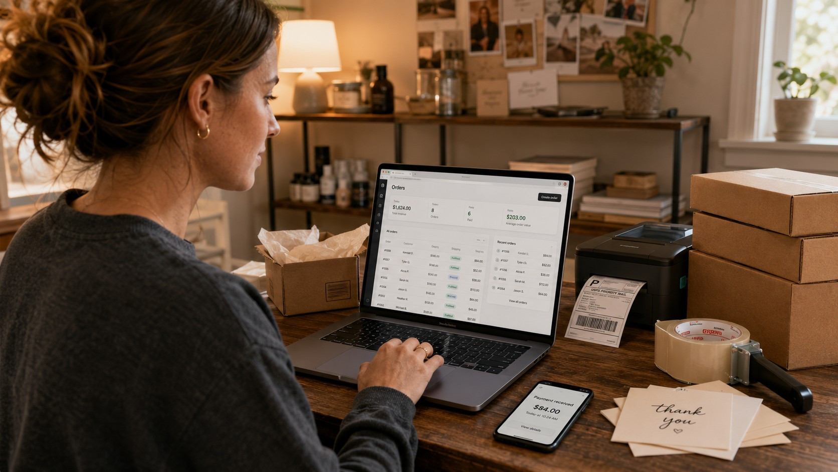 E-commerce operator reviewing order dashboard on a laptop at a desk surrounded by packaged products and shipping materials