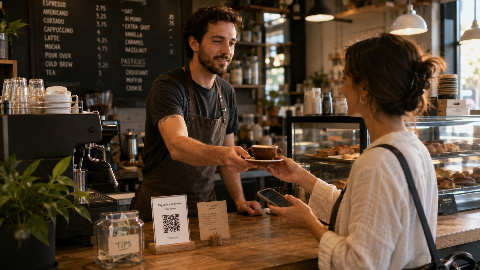 Barista handing an espresso drink to a customer at the counter of an independent coffee shop, QR payment sign visible on the counter