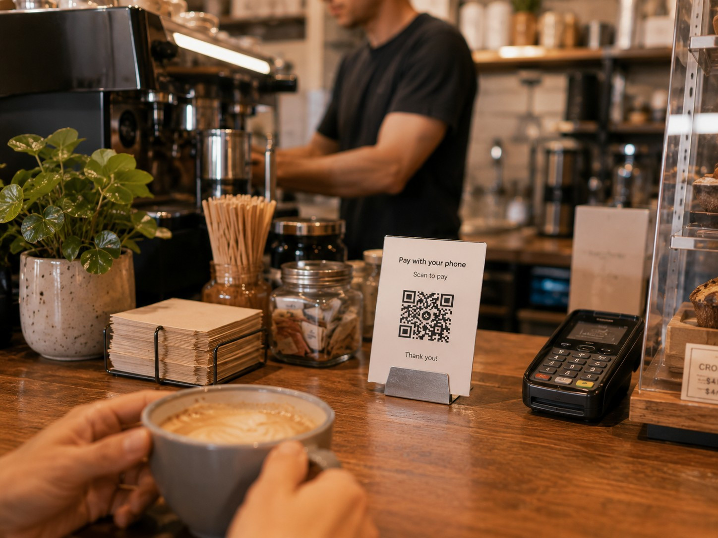 Close-up of a small white QR payment card in a metal stand among typical counter items at a coffee shop, with a customer holding a coffee cup in the foreground