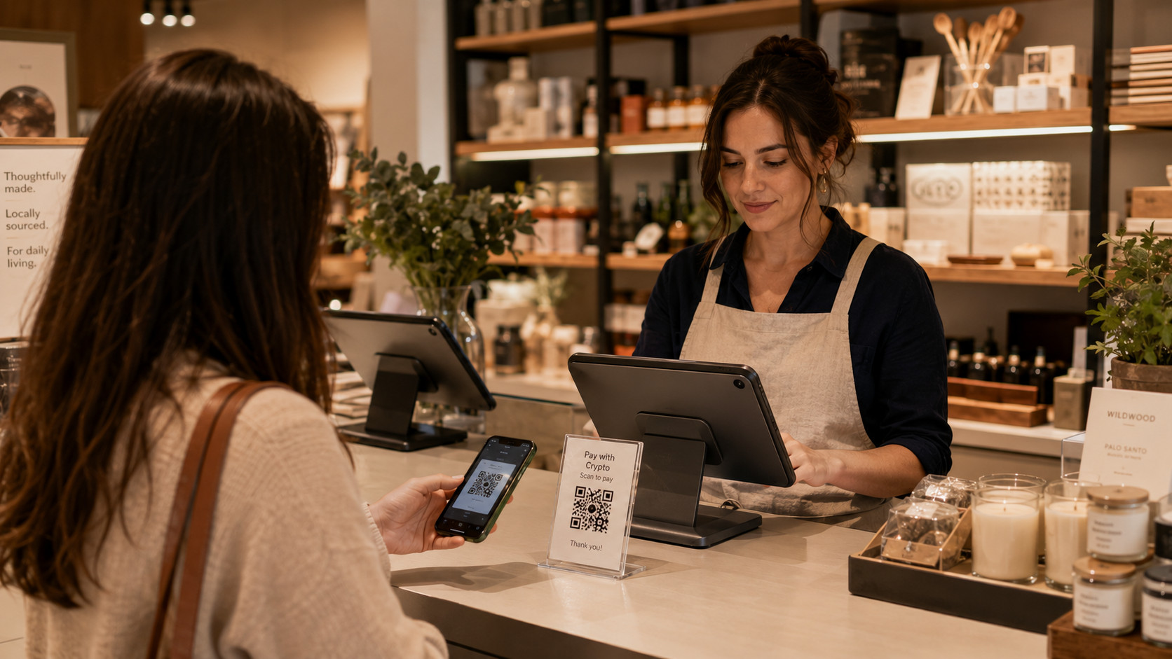 Staff member at an independent retail store counter watching a POS tablet as a customer scans a QR payment sign