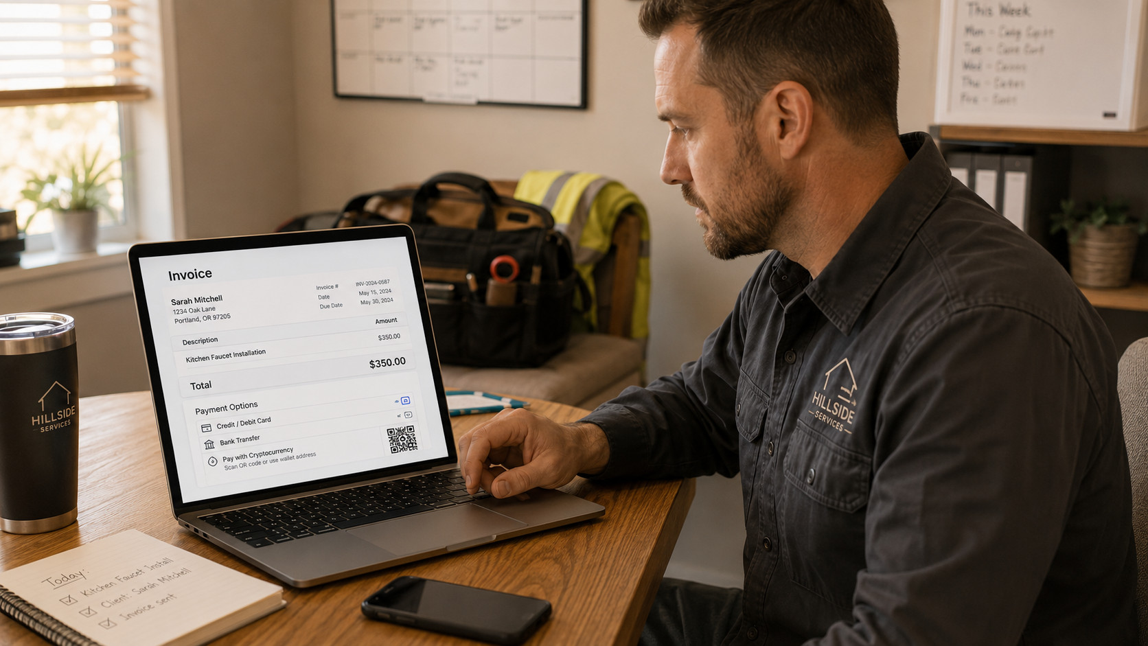 Service professional reviewing an invoice on a laptop at a home office desk, phone beside the computer
