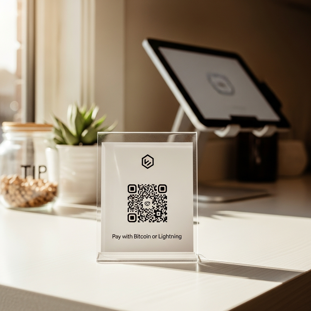 Small acrylic QR payment sign on a counter with a point-of-sale tablet and product displays in the background
