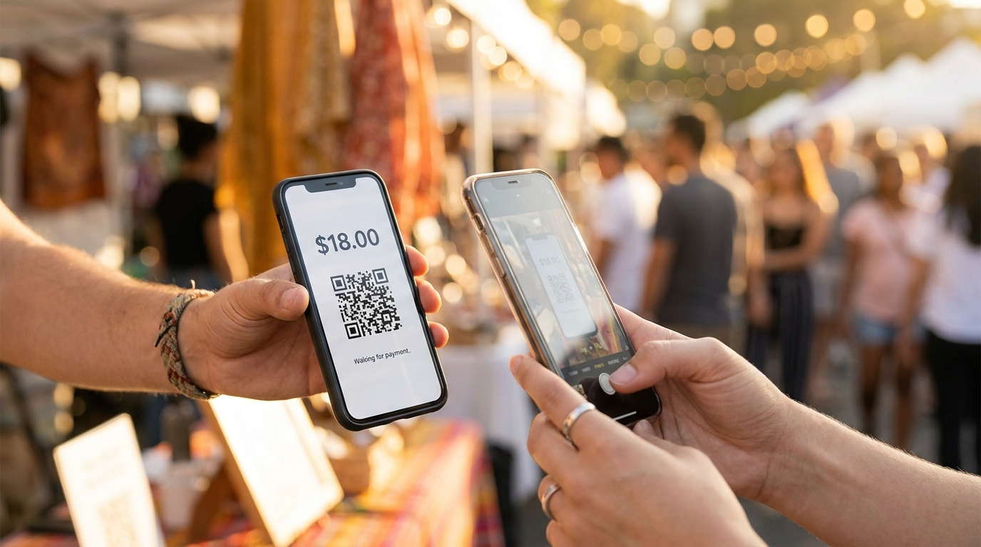 Two phones in frame — merchant displaying a payment QR code, customer scanning it at an outdoor market