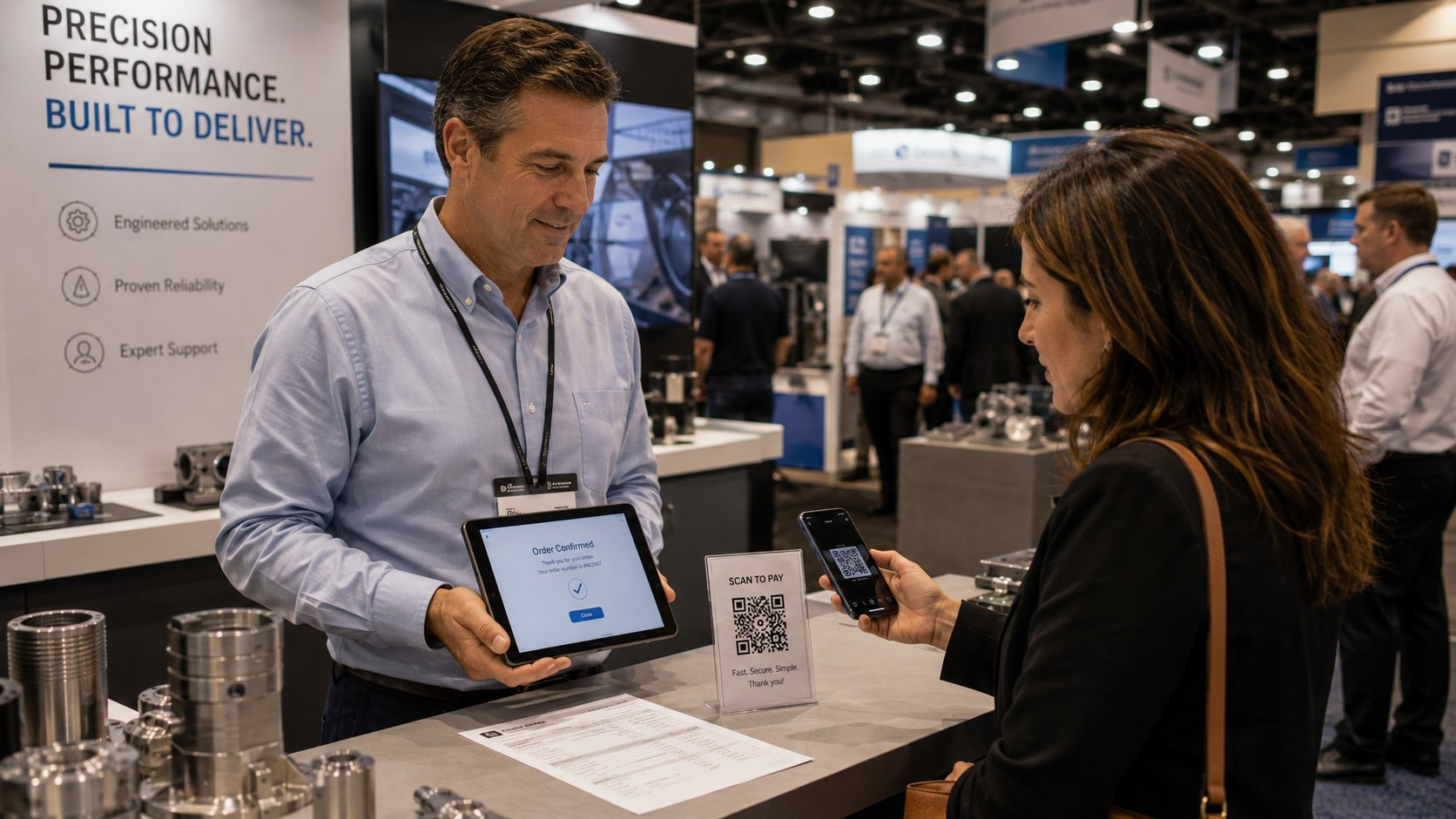 Exhibitor and buyer completing a B2B payment transaction at a professional trade show booth