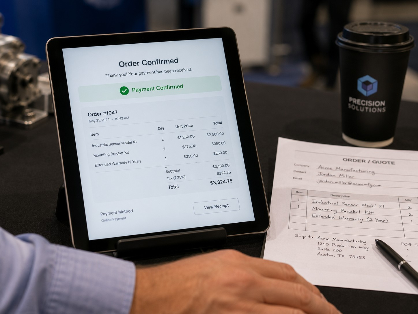 Tablet showing an order confirmation screen with a green payment confirmed banner on a trade show table